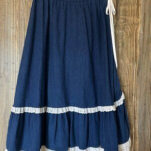 VTG Miss Rodeo America Denim Midi Skirt Eyelet Lace Trim Girls 11/12 Womens XS